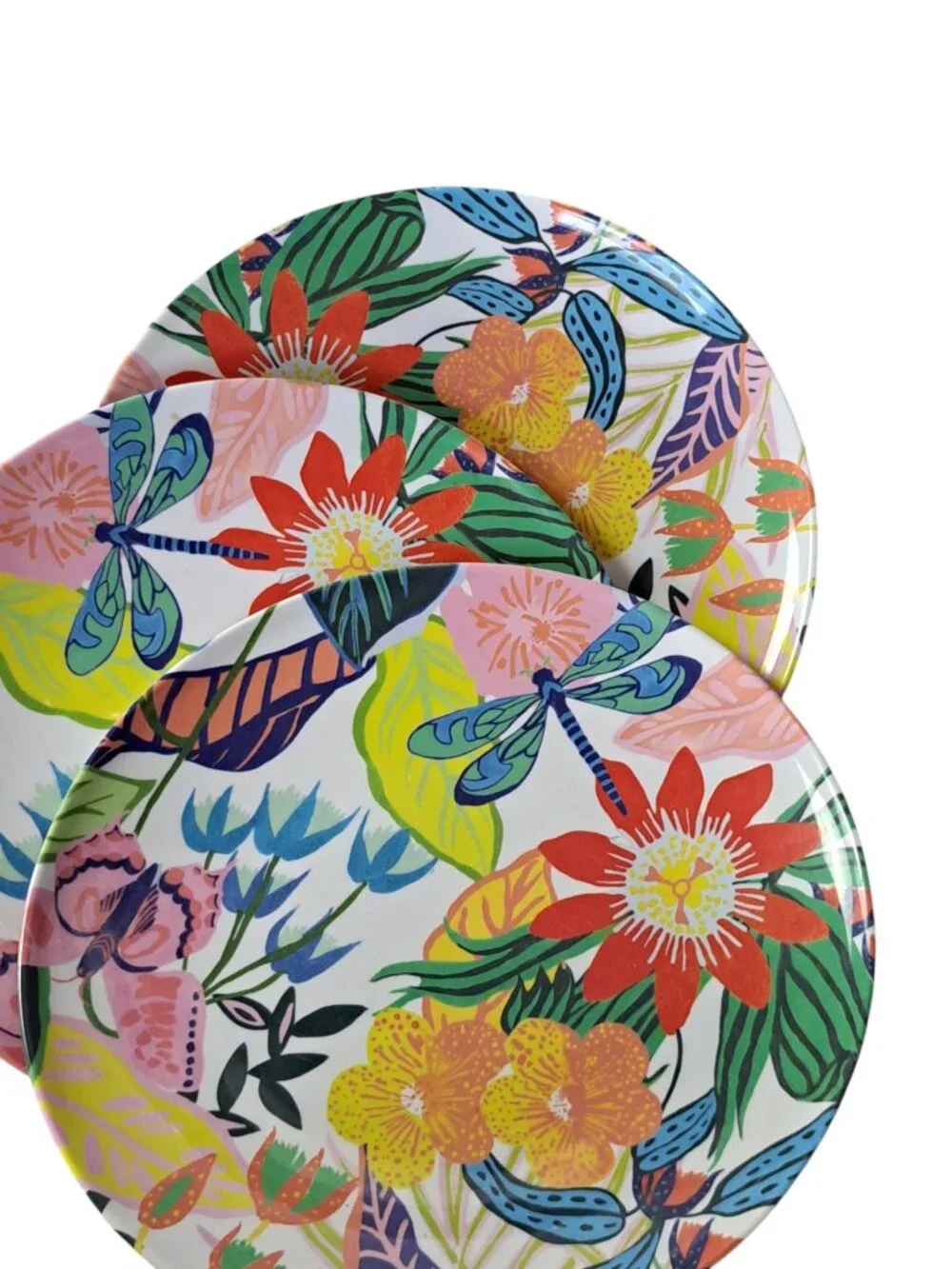 Anthropologie Lot Of 3 Melamine Plates Dragonfly Flowers 10 1/2